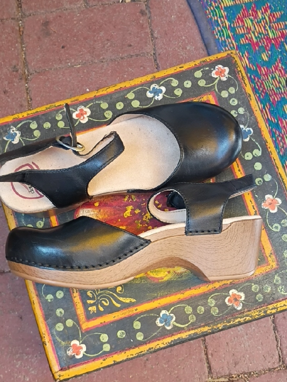 Dansko Black Leather Mary Jane Clogs with Tan Wood Platform